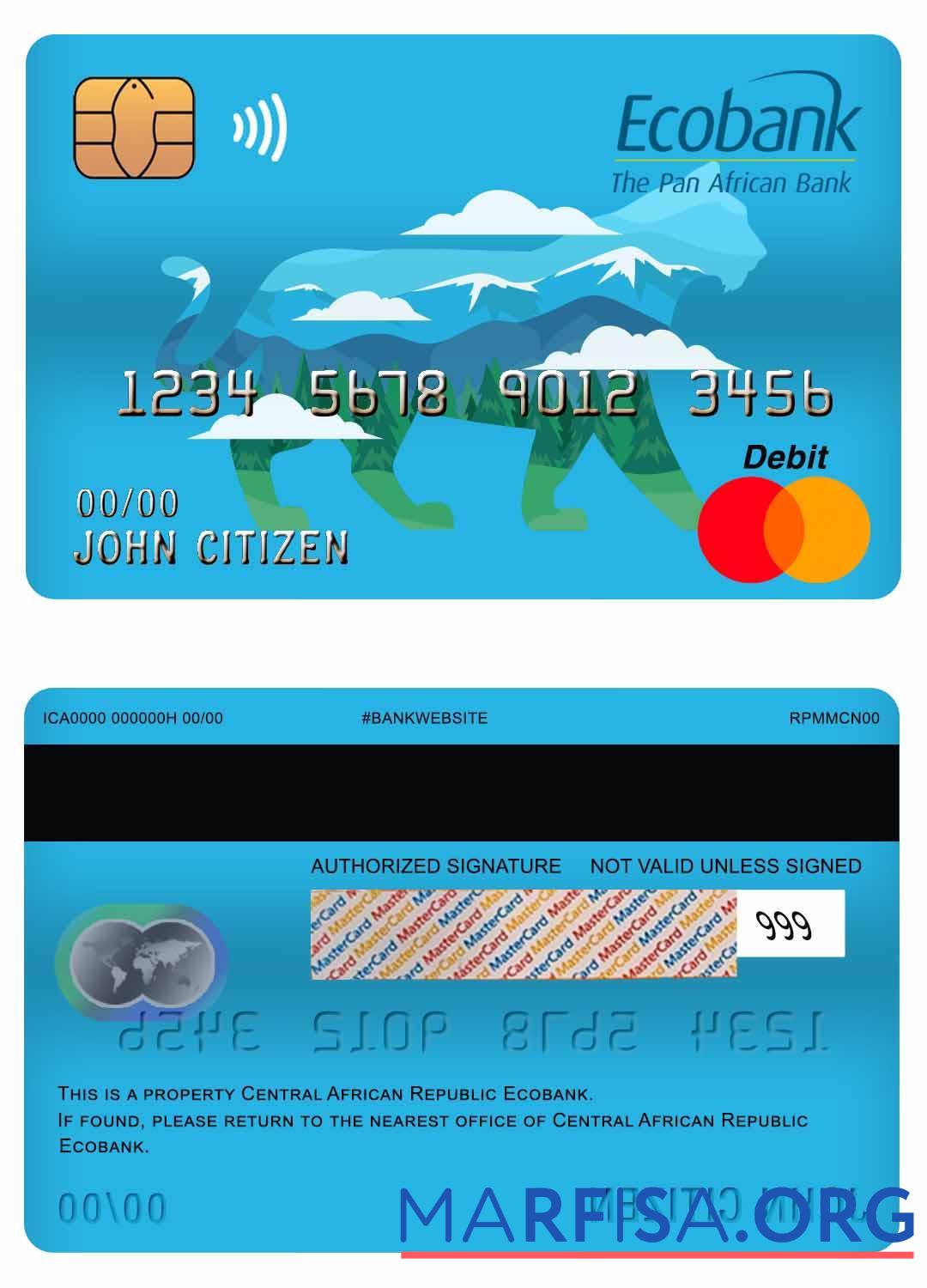 Printable Central African Republic Ecobank master debit card download for verification